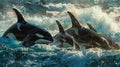Masterpiece orca pod hunting in open ocean, showing effortless grace and powerful presence