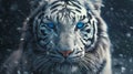 Masterpiece portrait of white tiger with piercing blue eyes in dramatic jungle backdrop