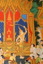 Masterpiece of traditional Thai style painting art old about Buddha story on temple wall at Watmanow, Bangkok,Thailand Royalty Free Stock Photo