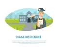 Masters Degree Banner Template, Happy Male Graduate Student Wearing Gown and Cap Celebrating Graduation of University