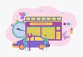 Masters repair a car in a car service. Car tuning, auto repair shop, car music update concept. Colorful illustration