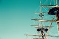 Masting of the big wooden sailing ship. Background Royalty Free Stock Photo