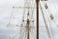 Masting of big wooden sailing ship, detailed rigging Royalty Free Stock Photo