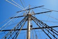 Masting of big wooden sailing ship, detailed rigging without sails Royalty Free Stock Photo