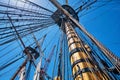 Masts of old wooden sailing ship with ropes and shroud Royalty Free Stock Photo