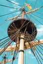 Masts and rigging of an old wooden sailboat. Details deck of the ship