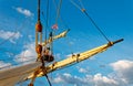 Masts and rigging of an old wooden sailboat. Details deck of the ship Royalty Free Stock Photo