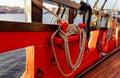 Masts and rigging of an old wooden sailboat. Details deck of the ship