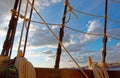 Masts and rigging of an old wooden sailboat. Details deck of the ship