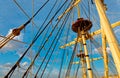 Masts and rigging of an old wooden sailboat. Details deck of the ship