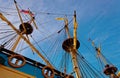 Masts and rigging of an old wooden sailboat. Details deck of the ship Royalty Free Stock Photo