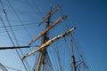 Masts, spars and rigging from low point of view against blue sky