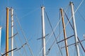 Masts tops and rigging on yachts sailing vessels in the marina Royalty Free Stock Photo