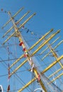 masts of an wooden tall sailboat with flags