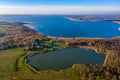 Masurian Lake District in Poland - beautifiul drone landscape, blue water, forest, Mazury