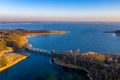 Masurian Lake District in Poland - bridge over lake, beautifiul drone landscape, Mazury great lakes