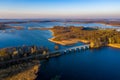 Masurian Lake District in Poland - bridge over lake, beautifiul drone landscape, Mazury great lakes