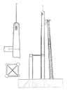 11. Mat connects vertical gantry, 12. Head of the vertical mast, 13. Plan of four vertical masts, vintage engraving