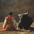 A matador in a decorative costume sits beside a resting bull, evoking a moment of calm. Royalty Free Stock Photo