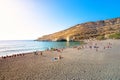 Matala beach with caves on the rocks, Crete, Greece. Royalty Free Stock Photo