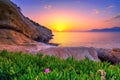 Matala beach with caves on the rocks, Crete, Greece.