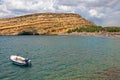 Matala beach and caves on rocks. Crete island. Greece