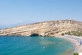 Matala hippy beach with caves on the Crete island, Greece.