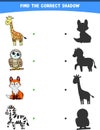 vector illustration finding the correct shadow wild animals giraffe owl fox zebra