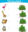 Finding Hiding Animals Child Exercise Sheet flamingo zebra squirrel owl