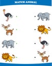 Education game for children connect the same picture of cute cartoon wild animal ostrich deer elephant lion