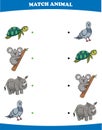 Education game for children connect the same picture of cute cartoon wild animal turtle koala rhino dove