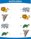 Education game for children connect the same picture of cute cartoon wild animal lion koala elephant turtle