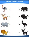 vector illustration finding the correct shadow wild animals ostrich deer elephant lion