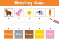 Match animals and elements by color. Educational game for school and preschool Royalty Free Stock Photo