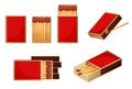 Match box with burnt sticks. Set of matchsticks with sulfur head flaming stages from ignition to extinction. Cartoon Royalty Free Stock Photo