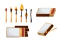 Match box with burnt sticks. Set of matchsticks with sulfur head flaming stages from ignition to extinction. Cartoon Royalty Free Stock Photo
