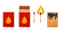 Match box with burnt sticks. Set of matchsticks with sulfur head flaming stages from ignition to extinction. Cartoon Royalty Free Stock Photo