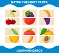 Match cartoon fruits parts. Matching game. Educational game for pre shool years kids and toddlers