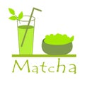 Match. Cold green drink from matches. Powder for cooking ingredients, baking and tea. Vector illustration