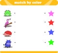 Color matching logic game with cute animal drawings frog toucan hedgehog cow