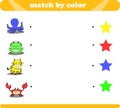 Color matching logic game with cute animal drawings octopus frog cow crab