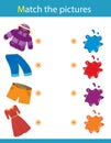 Match by color. Puzzle for kids. Matching game, education game for children. What color are the clothes? Worksheet for