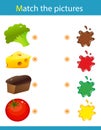 Match by color. Puzzle for kids. Matching game, education game for children. Food. What color are the objects? Worksheet for