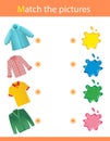 Match by color. Puzzle for kids. Matching game, education game for children. What color are the clothes? Worksheet for