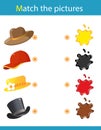 Match by color. Puzzle for kids. Matching game, education game for children. What color are the hats? Worksheet for preschoolers Royalty Free Stock Photo