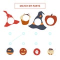 Match cute cartoon Halloween hats, pumpkin and cake by parts