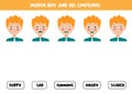 Match face expressions of boy with emotions. Logical worksheet