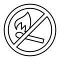 Match with fire ban thin line icon, lit match concept. Vector graphics. Forbidden, prohibited item sign on white Royalty Free Stock Photo