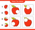 Match the halves. Match halves of Apple. Educational children game, printable worksheet, vector illustration