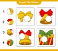 Match the halves. Match halves of Christmas Bell, Ribbon, and Gift Box. Educational children game, printable worksheet, vector Royalty Free Stock Photo